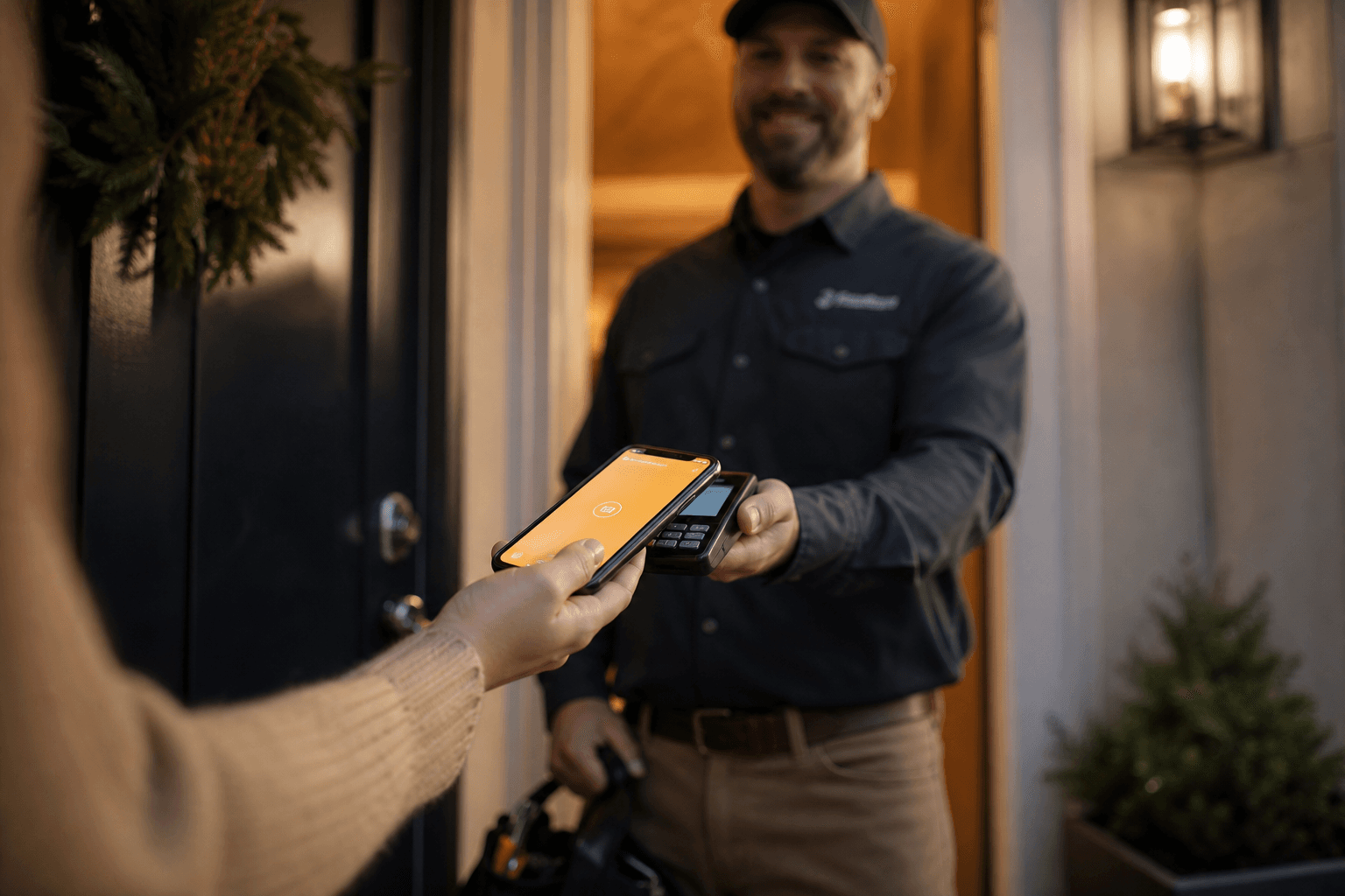 A homeowner paying a service pro by phone at the door